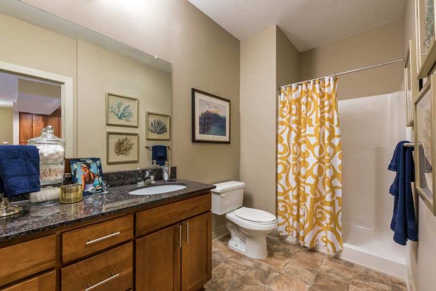 Attain at Quarterpath apartment homes with Modern bathroom with wood cabinets, single sink, wall art, and shower with a yellow-patterned curtain.